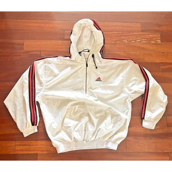 VTG 90's ADIDAS Windbreaker Track Jacket Men's XL White Hoodie Pullover 1/2 Zip - Picture 1 of 12